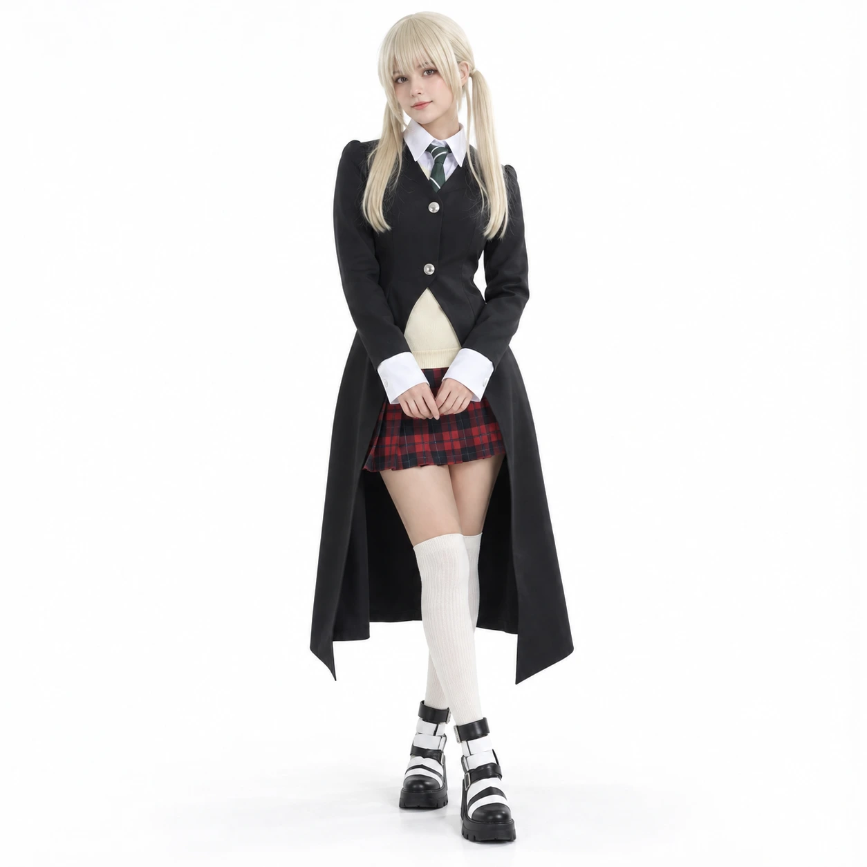 Svart cosplaydräkt med lång rock, skjorta, kjol, slips och peruk