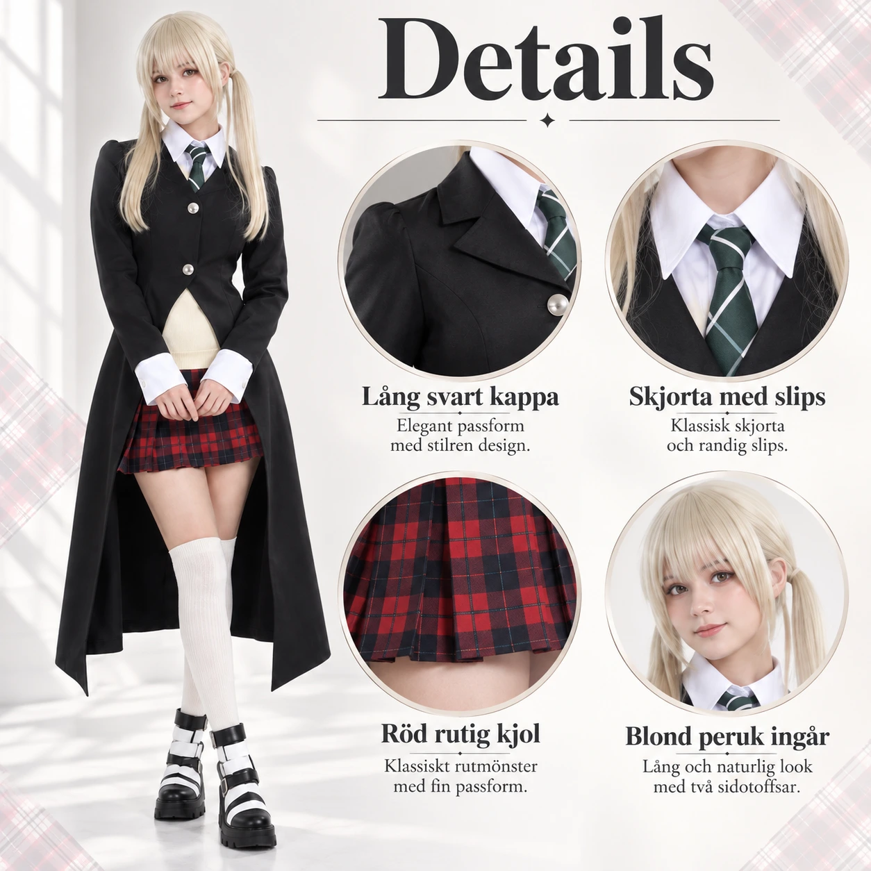 Maka Albarn -henkinen cosplayasu mustalla viitalla