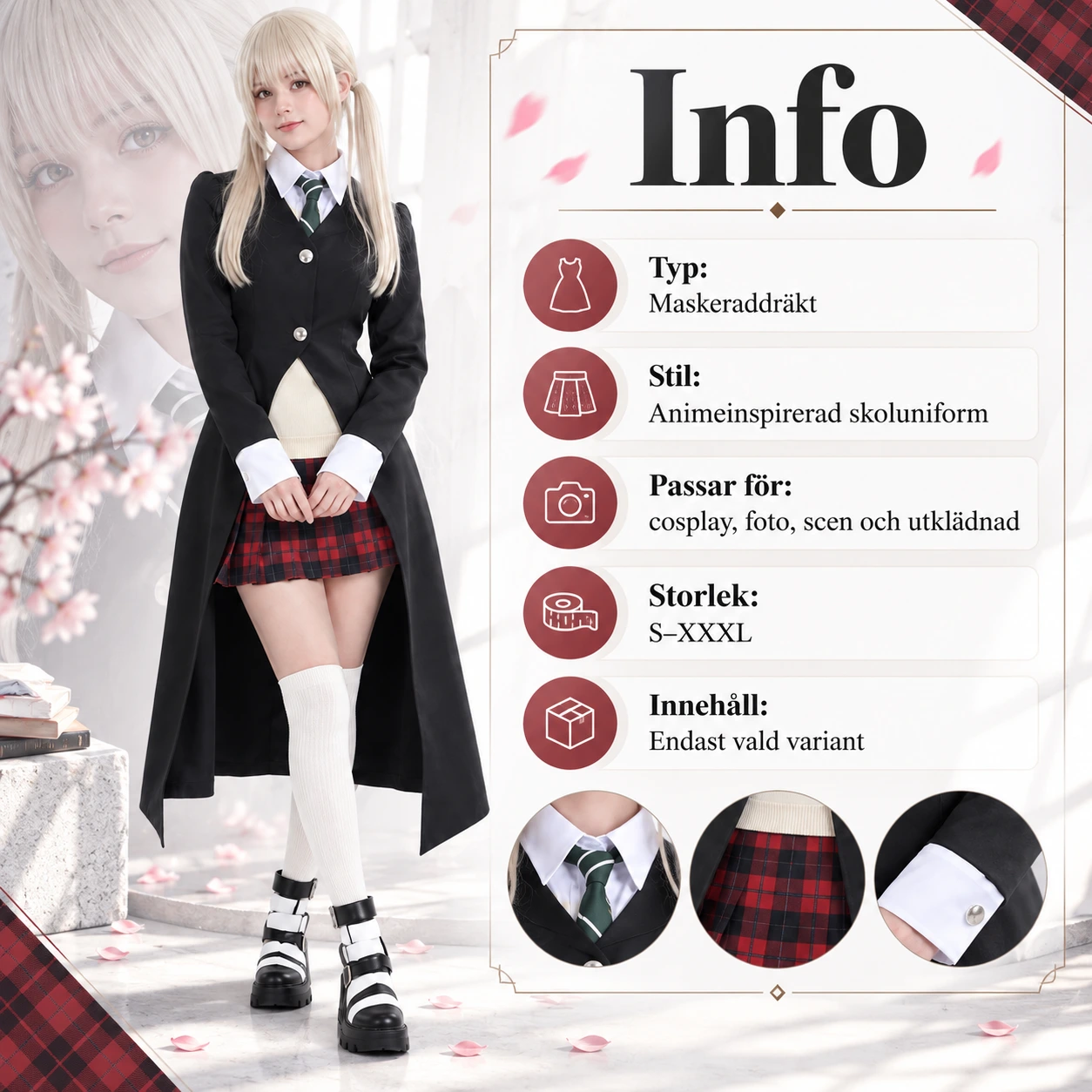 Maka Albarn -henkinen cosplayasu mustalla viitalla
