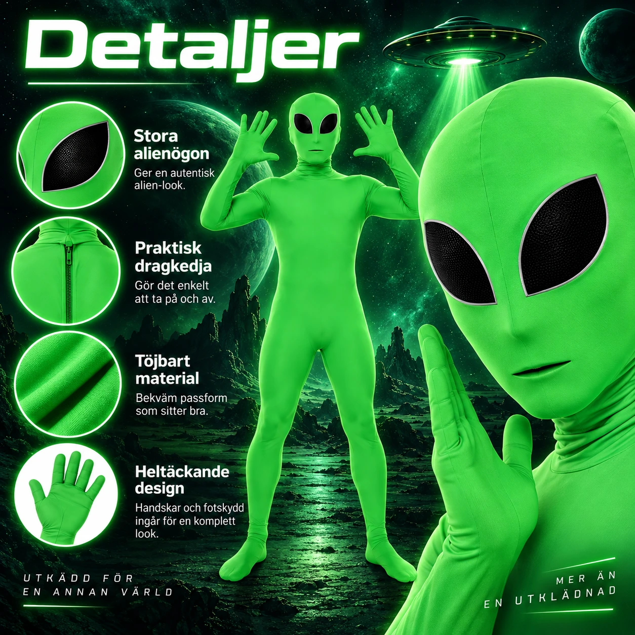 Maskeraddräkt alien med huva och svarta ögon