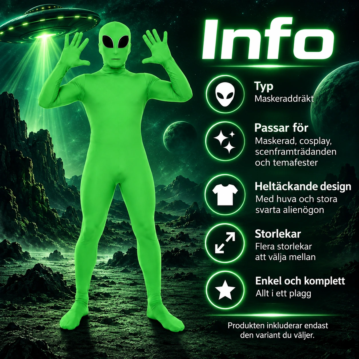 Maskeraddräkt alien med huva och svarta ögon