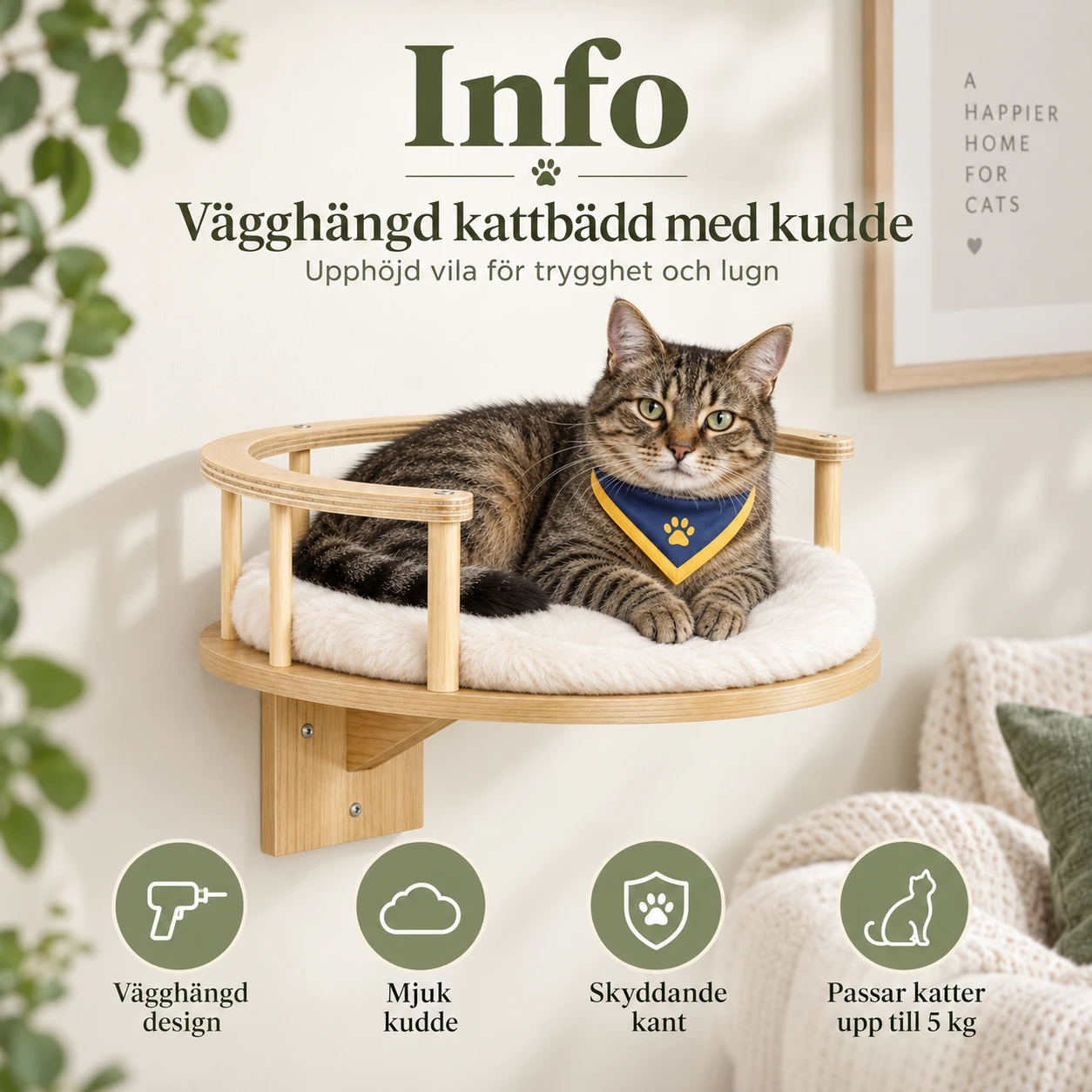 Vägghängd kattbädd med kudde för väggmontering