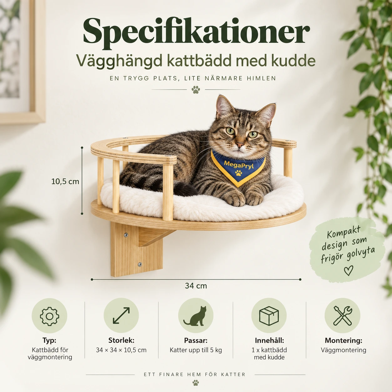 Vägghängd kattbädd med kudde för väggmontering