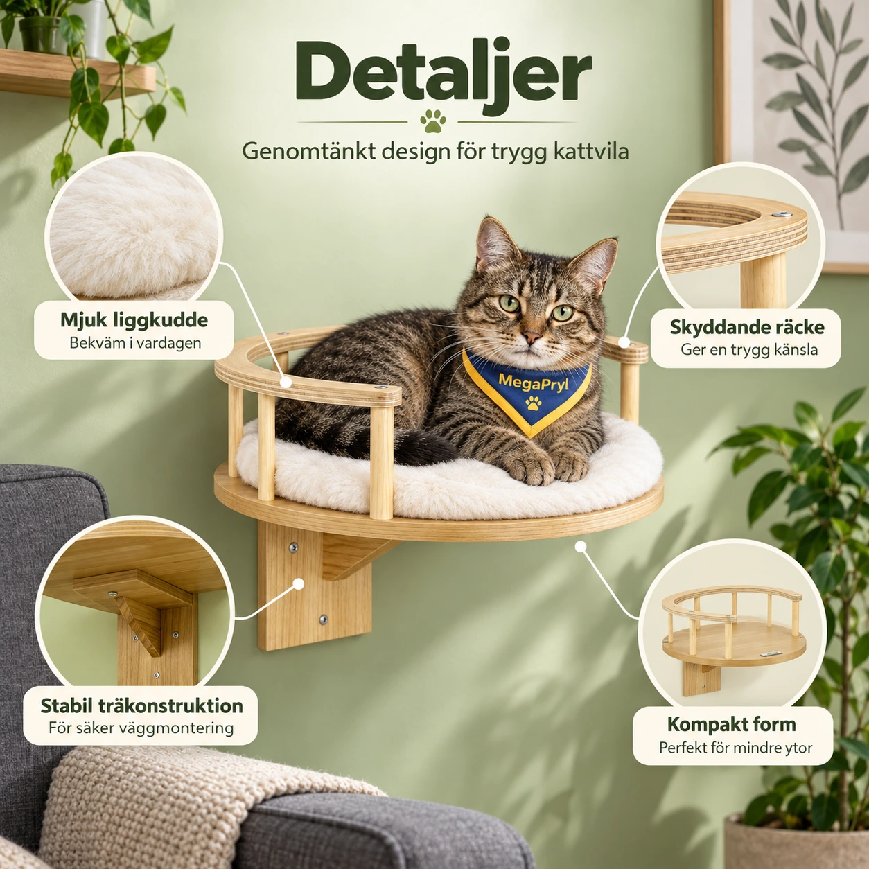Vägghängd kattbädd med kudde för väggmontering