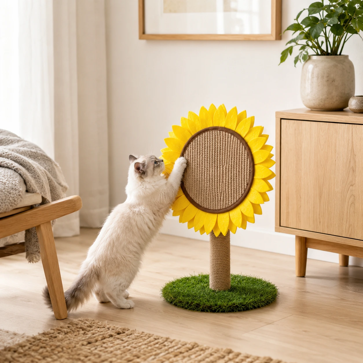 Kissan raapimisalusta auringonkukkadesignilla