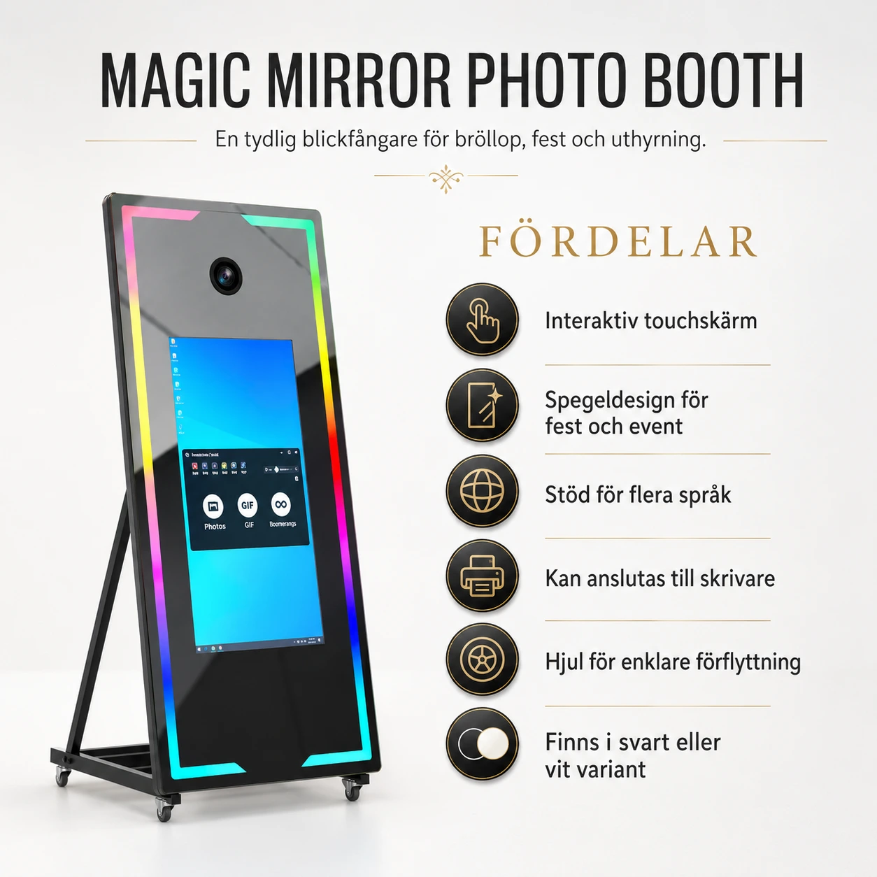 Magic mirror photo booth för fest och bröllop
