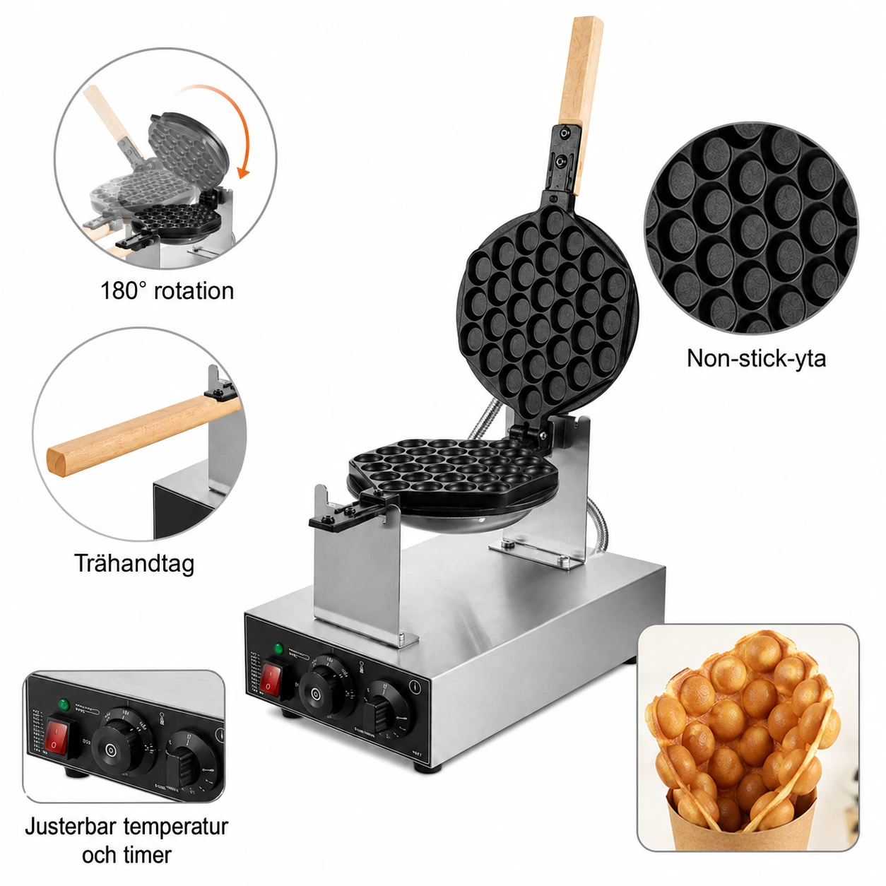 Bubble waffle-järn med 180° rotation och non-stick