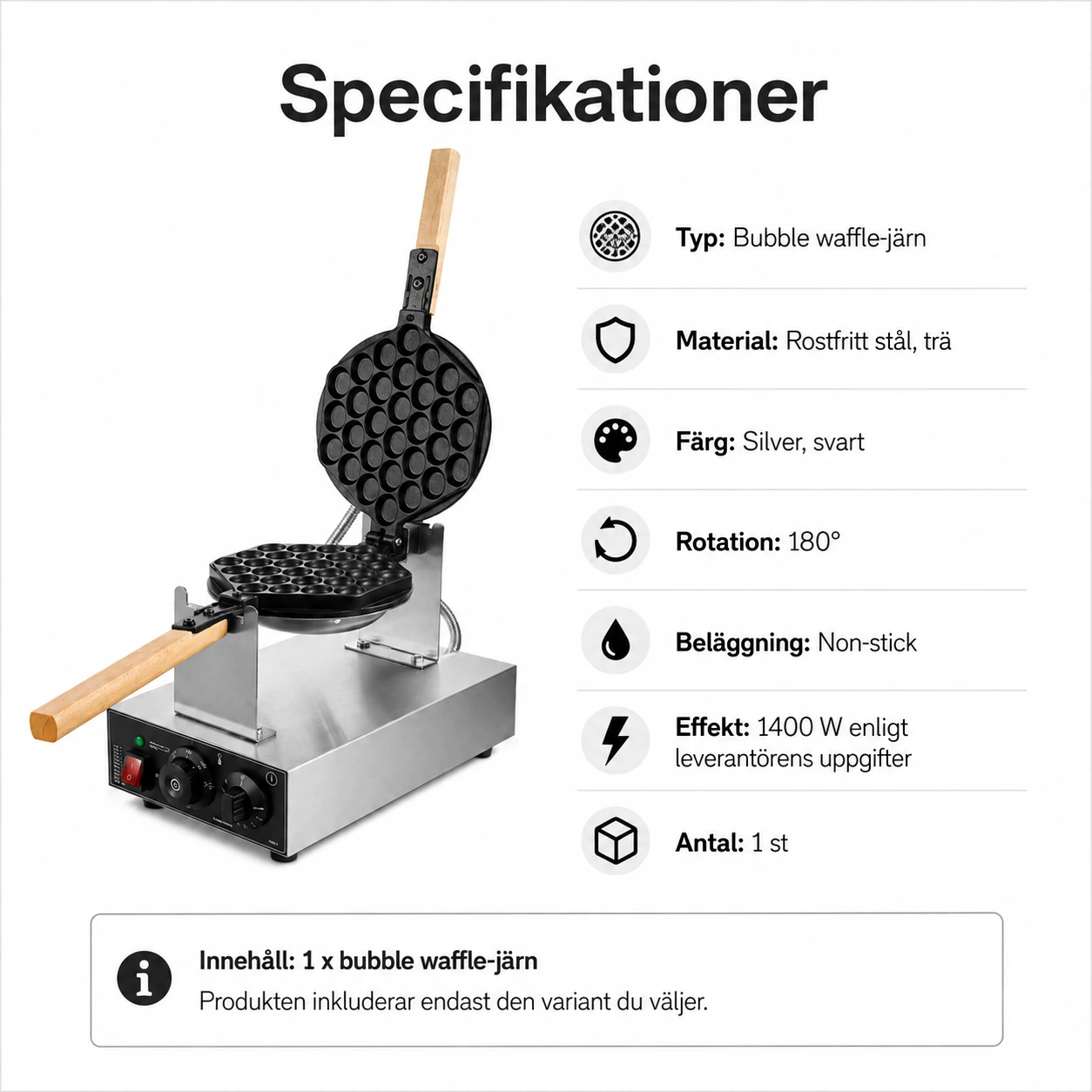 Bubble waffle-järn med 180° rotation och non-stick