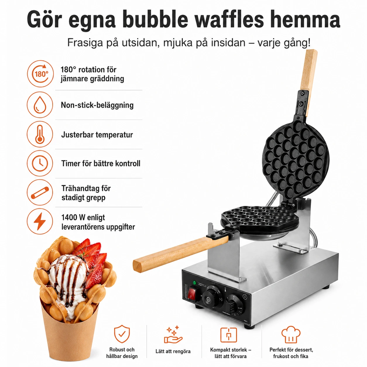 Bubble waffle-järn med 180° rotation och non-stick