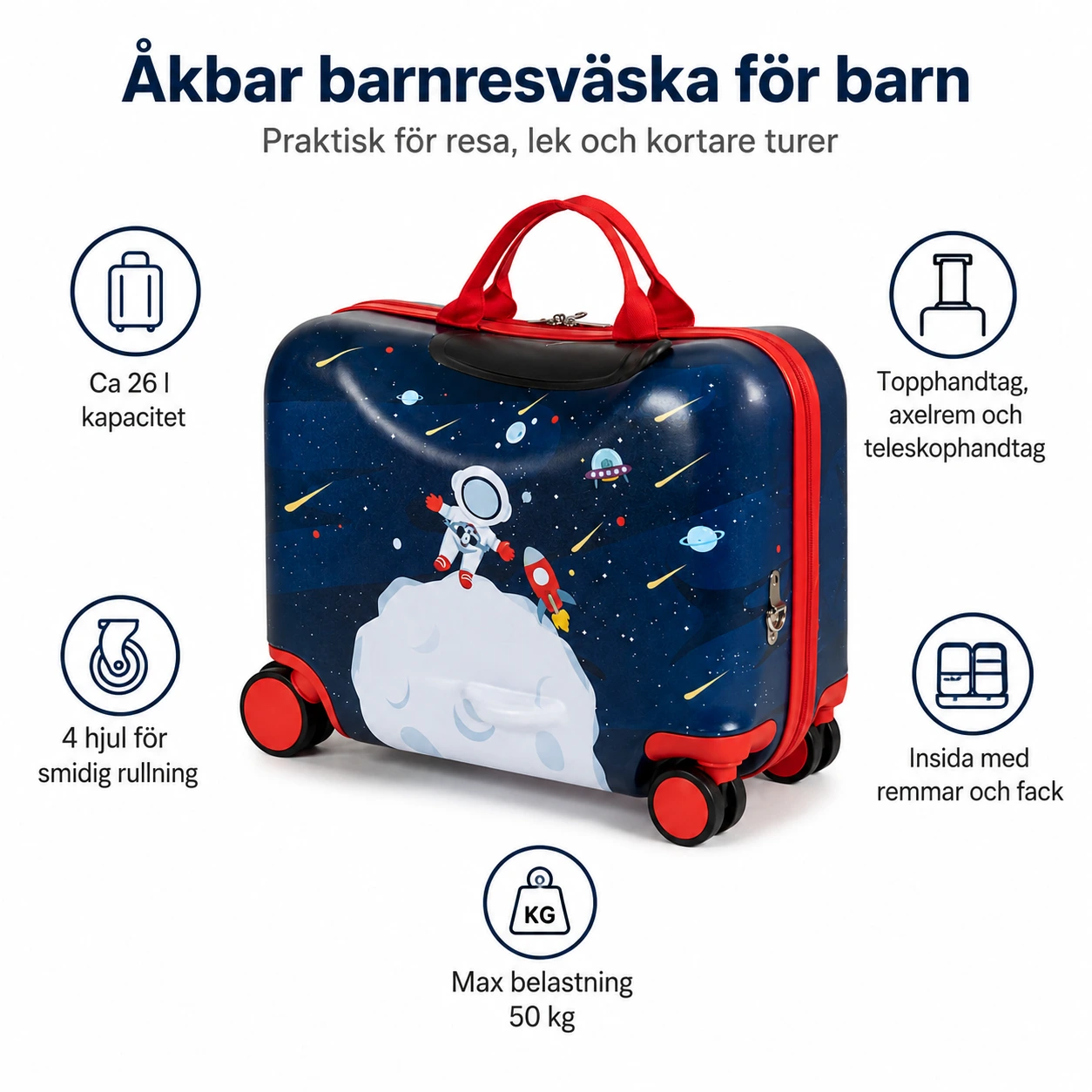 Åkbar barnresväska 18 tum med hjul och 26 l