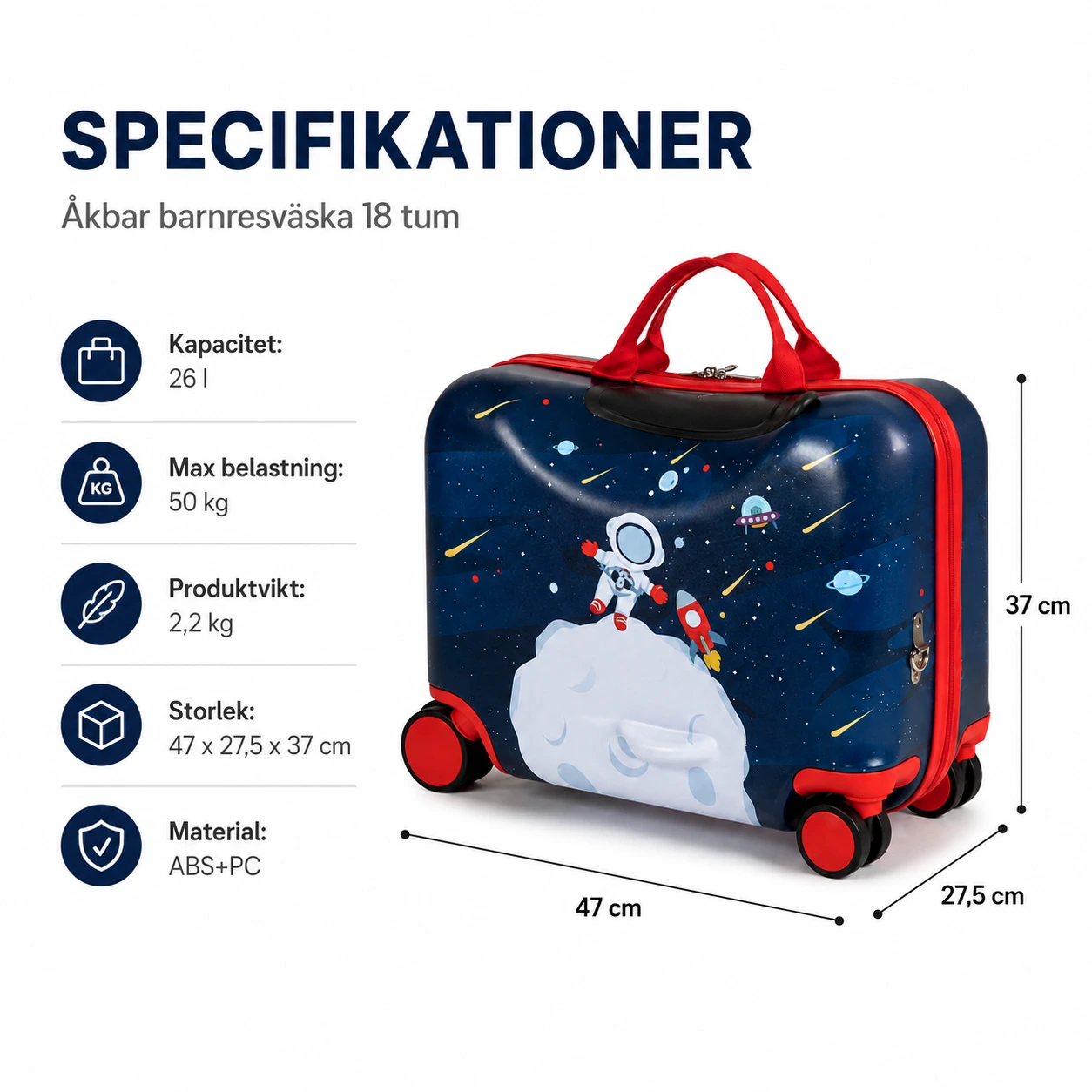 Åkbar barnresväska 18 tum med hjul och 26 l