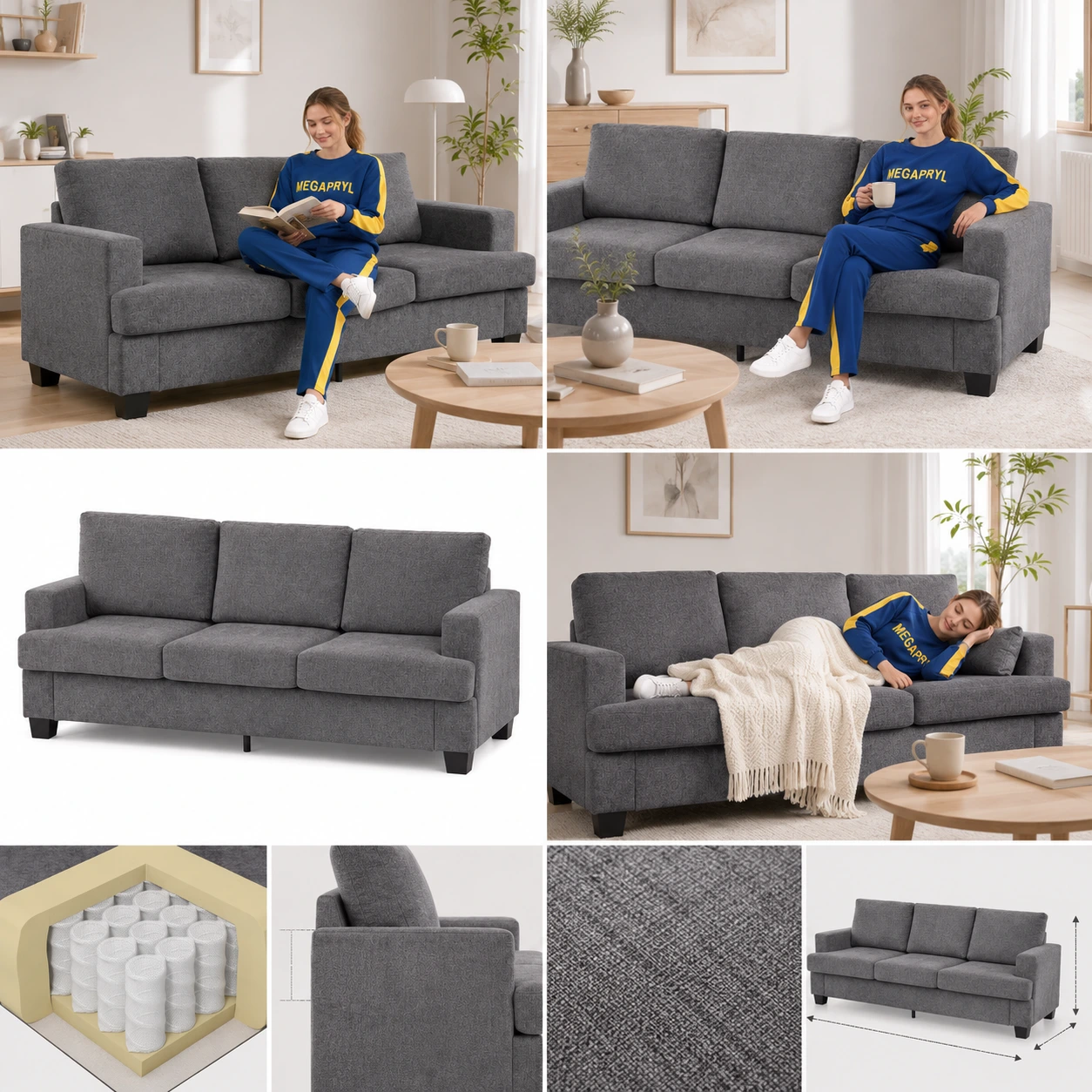 Soffa 3-Sits i Chenille Grå med Tjocka Dynor