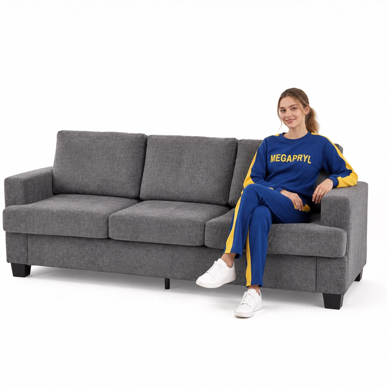 Soffa 3-Sits i Chenille Grå med Tjocka Dynor