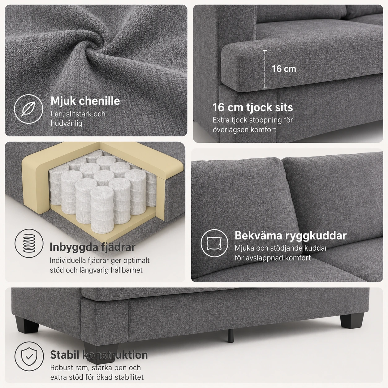 Soffa 3-Sits i Chenille Grå med Tjocka Dynor