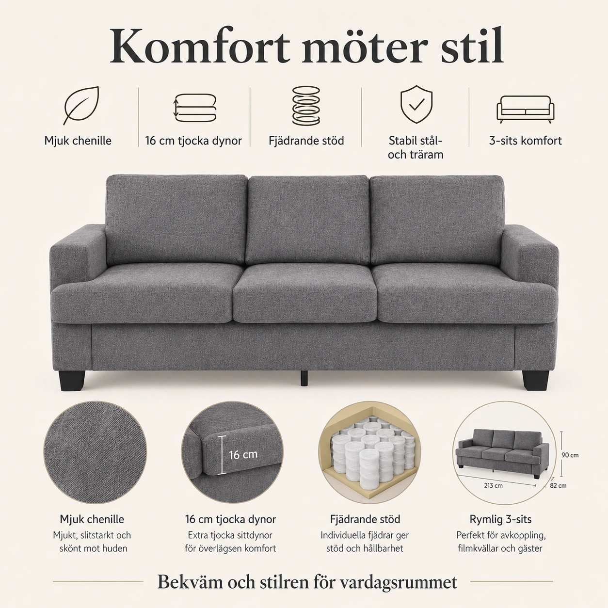 Soffa 3-Sits i Chenille Grå med Tjocka Dynor
