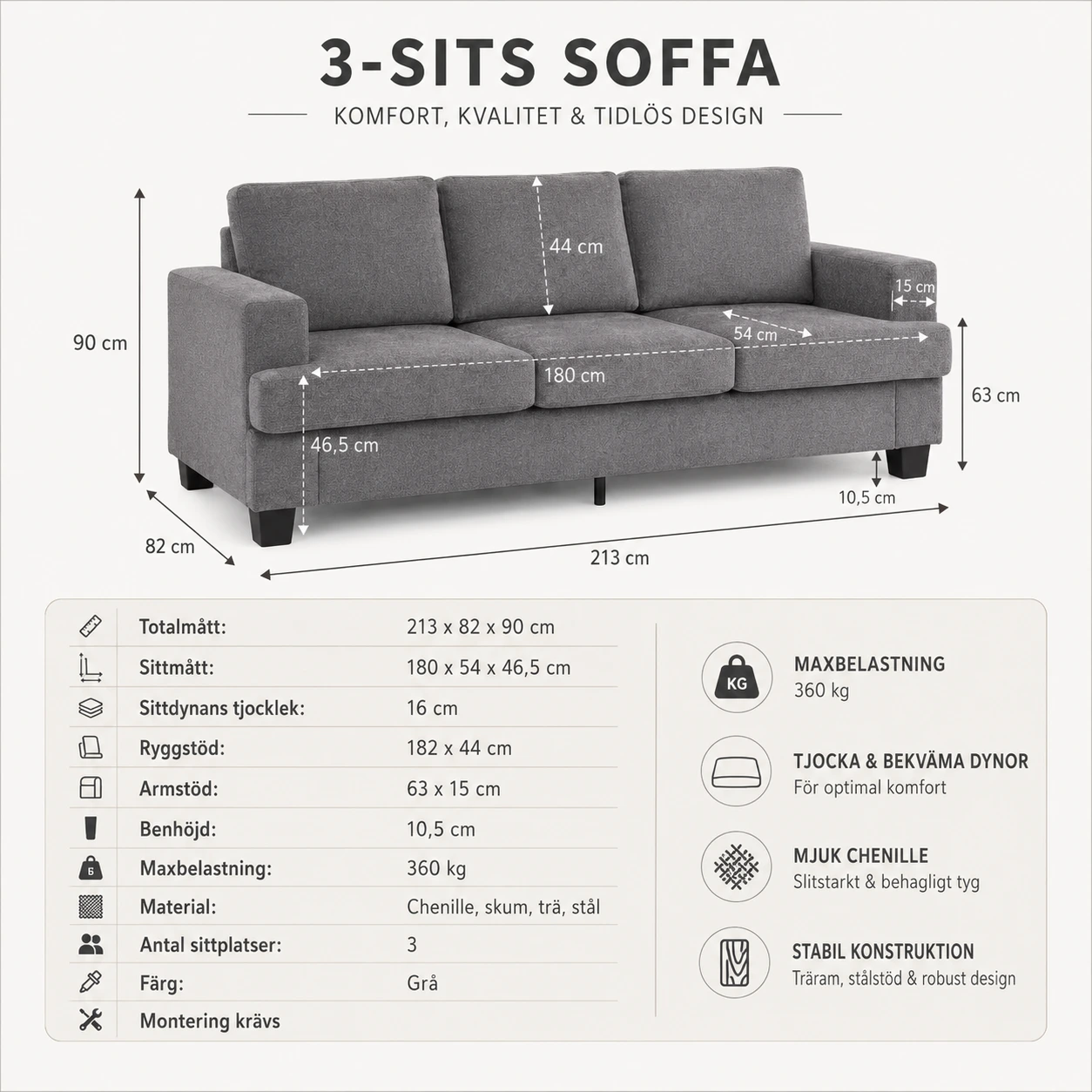 Soffa 3-Sits i Chenille Grå med Tjocka Dynor