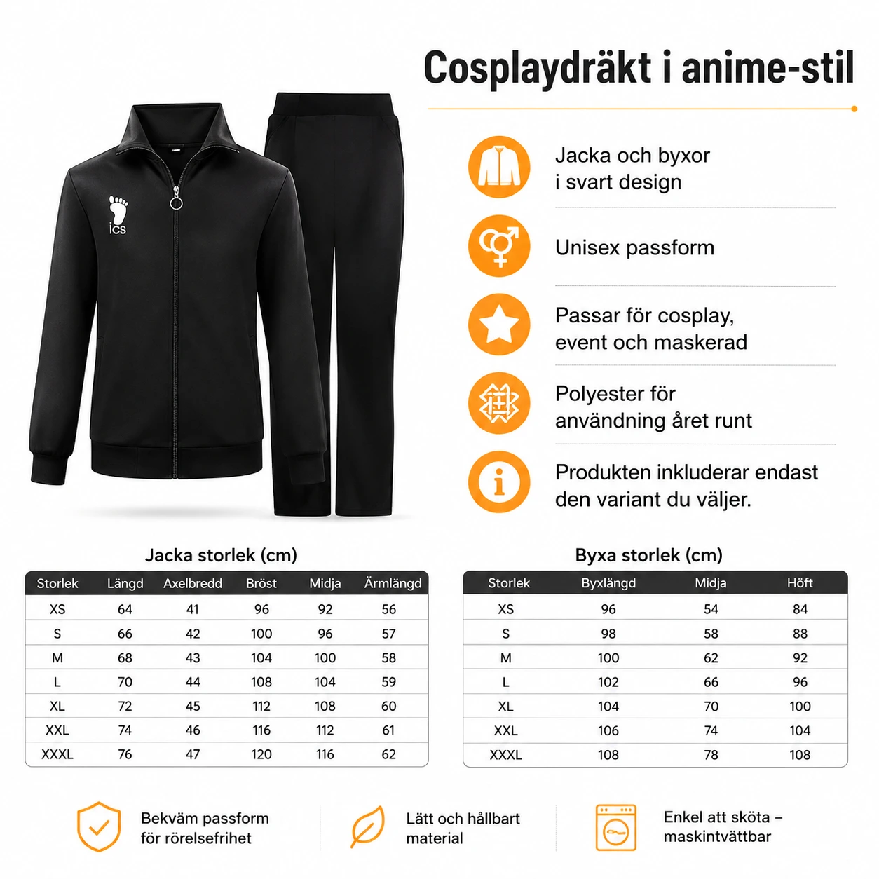 Cosplaydräkt med jacka och byxor i anime-stil