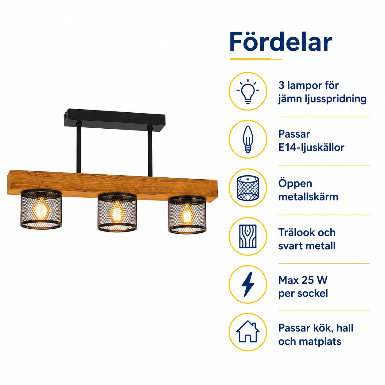 Taklampa med 3 lampor och E14-sockel