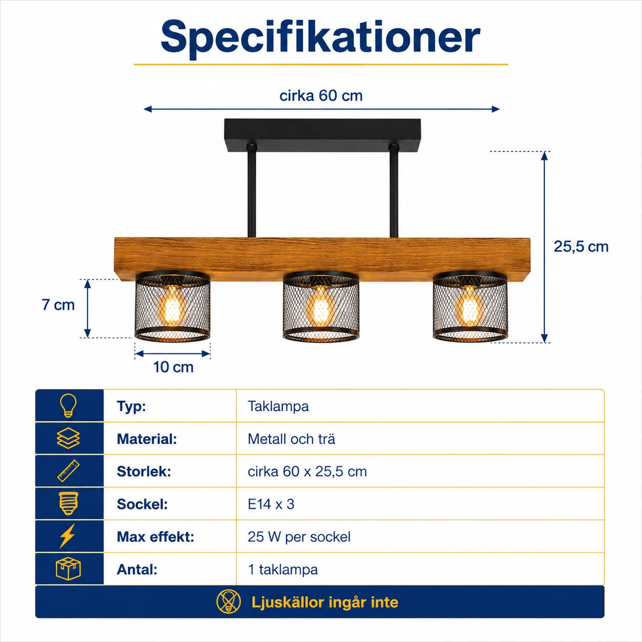 Taklampa med 3 lampor och E14-sockel