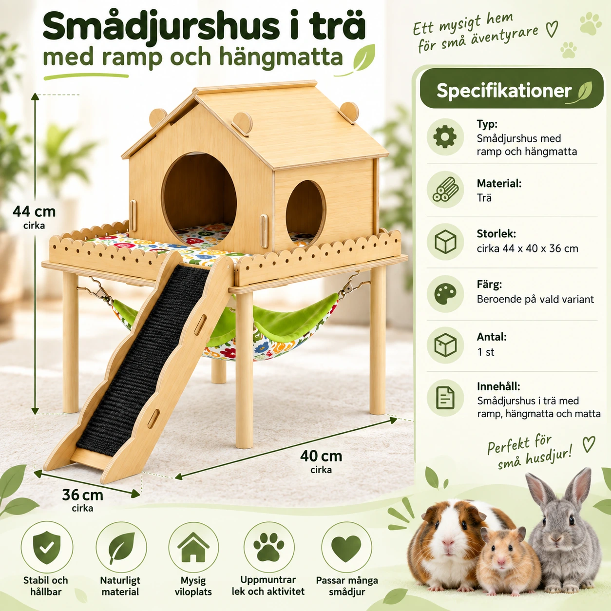 Smådjurshus i trä med ramp och hängmatta