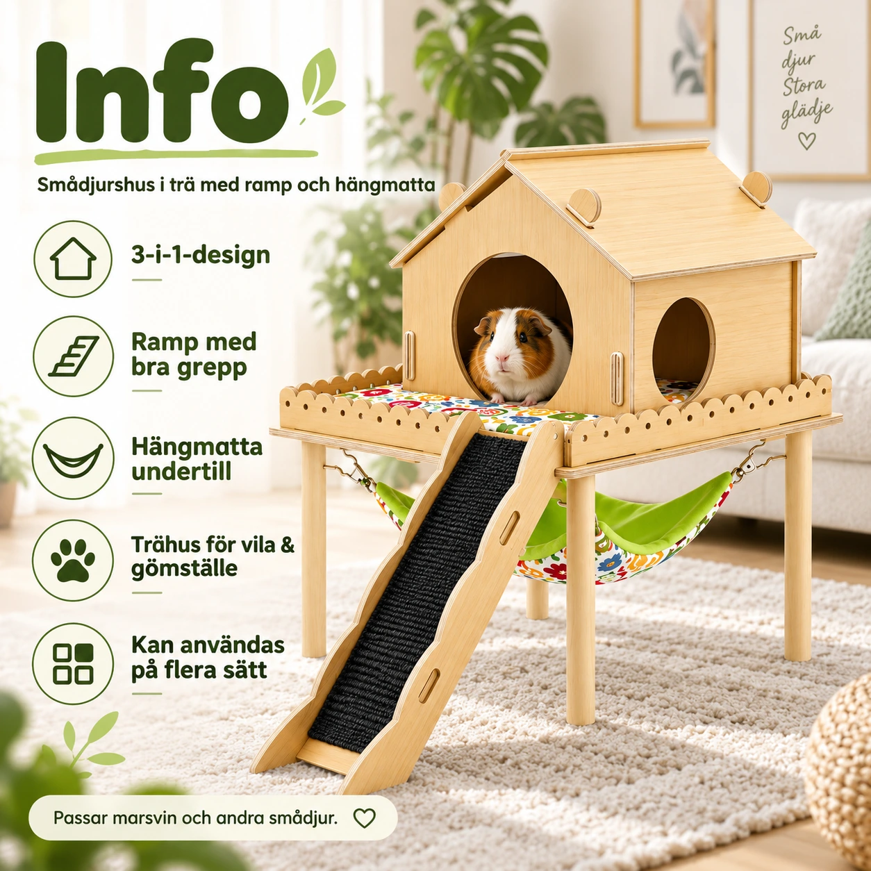 Smådjurshus i trä med ramp och hängmatta