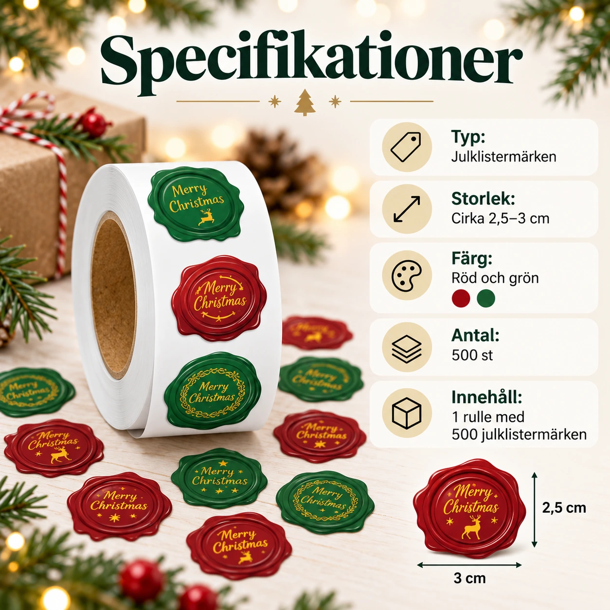 Julklistermärken för kuvert och paket, 500-pack