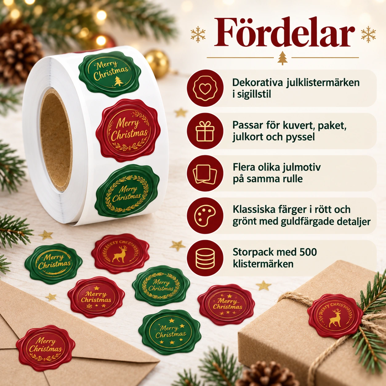 Julklistermärken för kuvert och paket, 500-pack