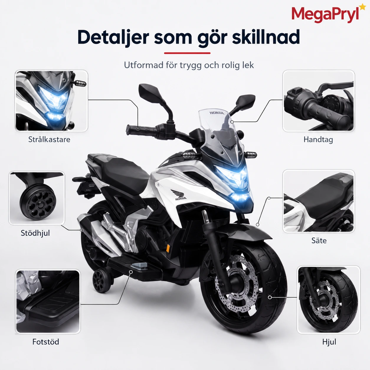 Elmotorcykel för barn med stödhjul och musik