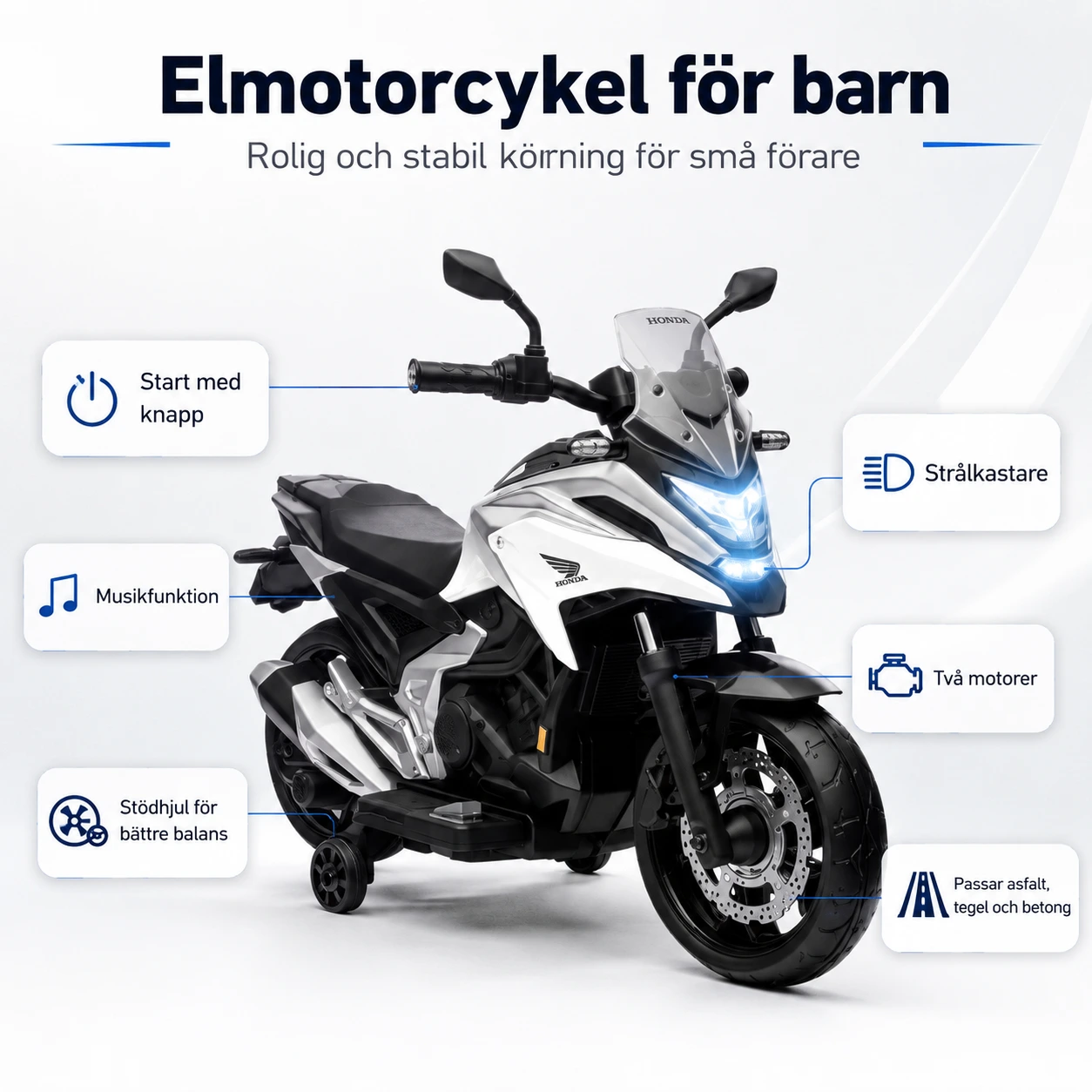 Elmotorcykel för barn med stödhjul och musik