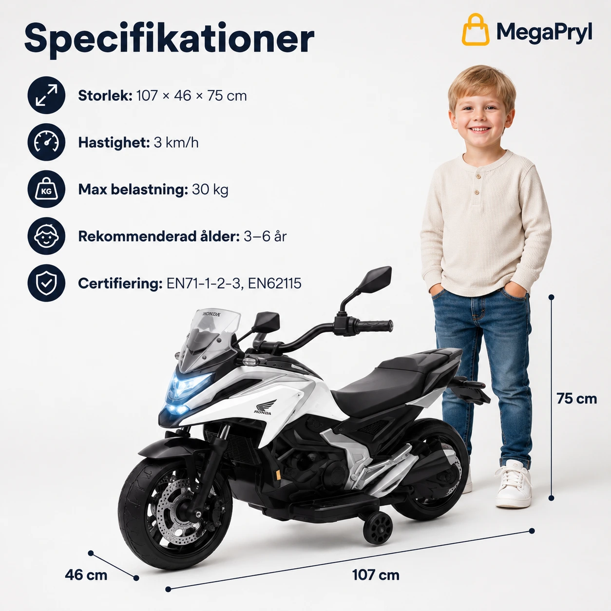 Elmotorcykel för barn med stödhjul och musik
