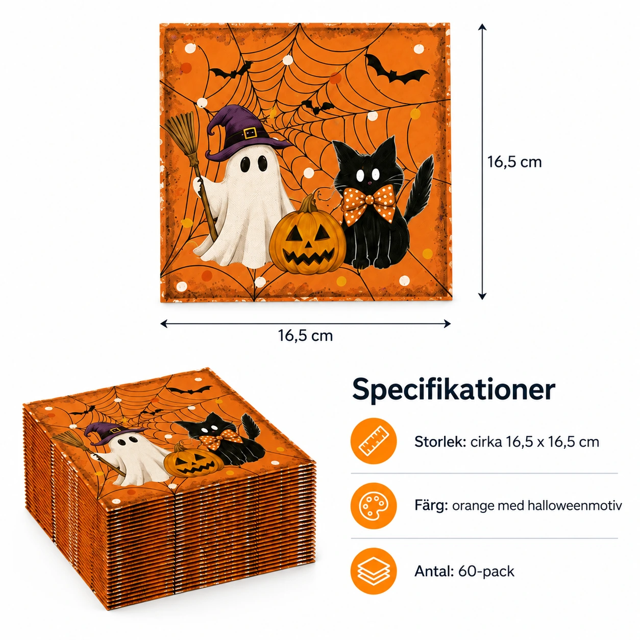 Halloweenservetter med spöke och pumpa 60-pack