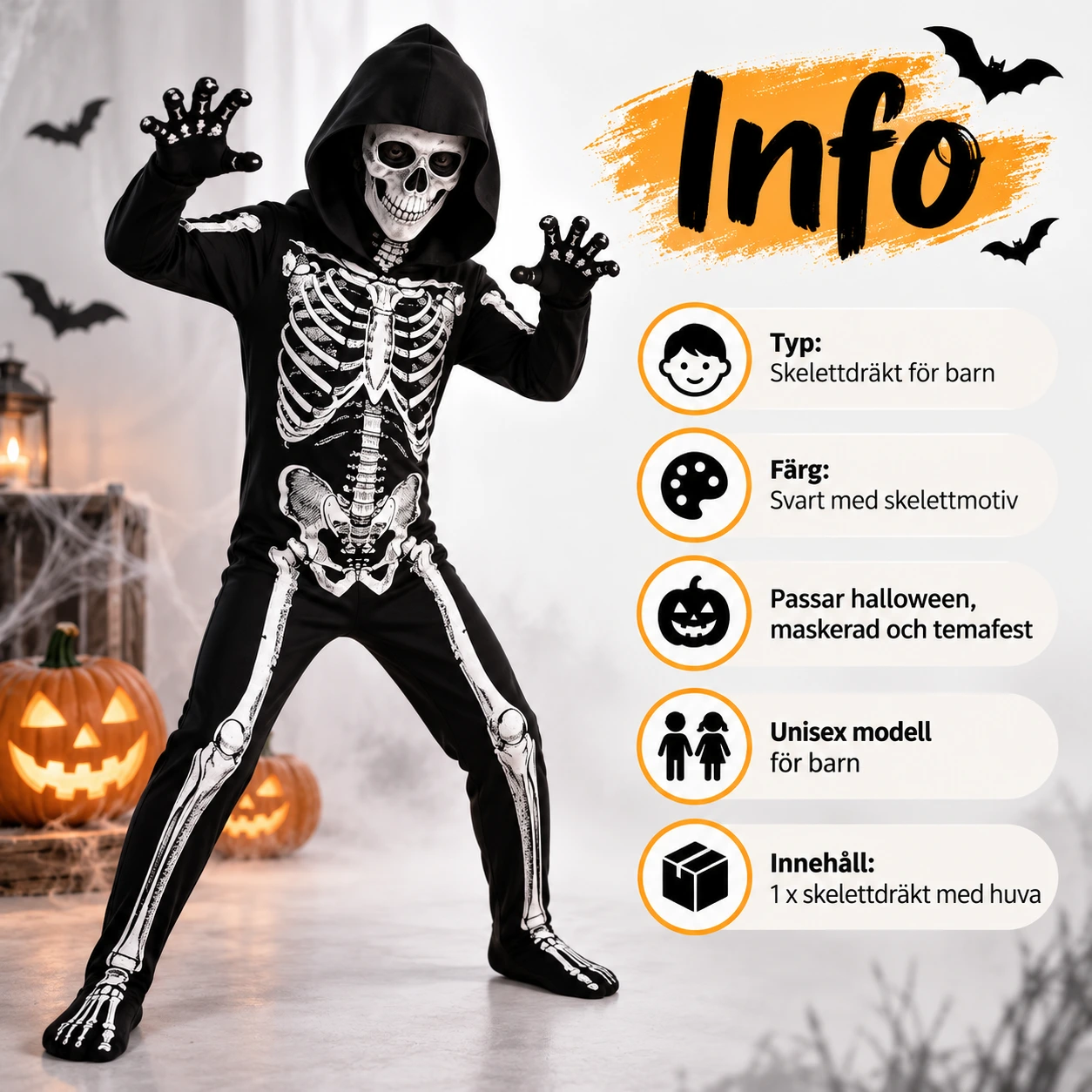 Skelettdräkt för barn med huva till halloween