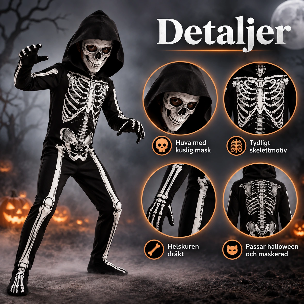 Skelettdräkt för barn med huva till halloween