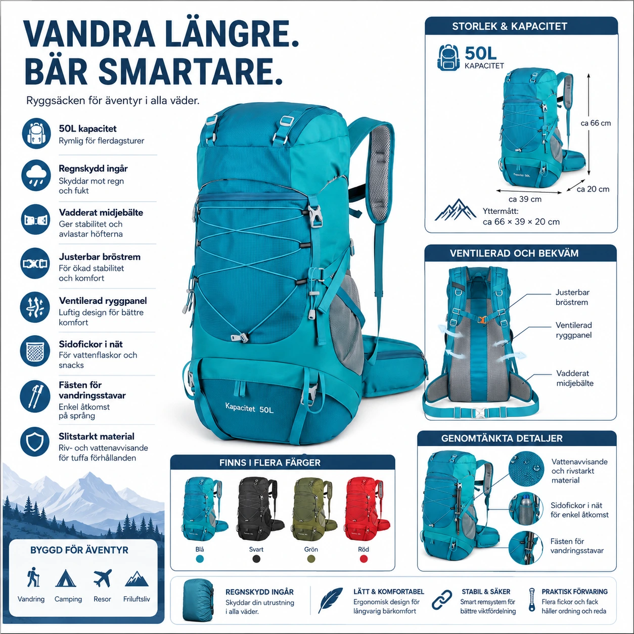 Vandringsryggsäck 50L – Med Regnskydd & Midjebälte