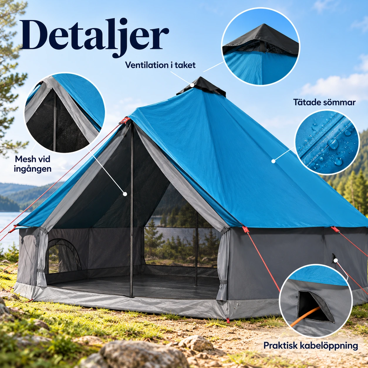 Familjetält pyramid med ventilation, 365 x 365 x 250 cm