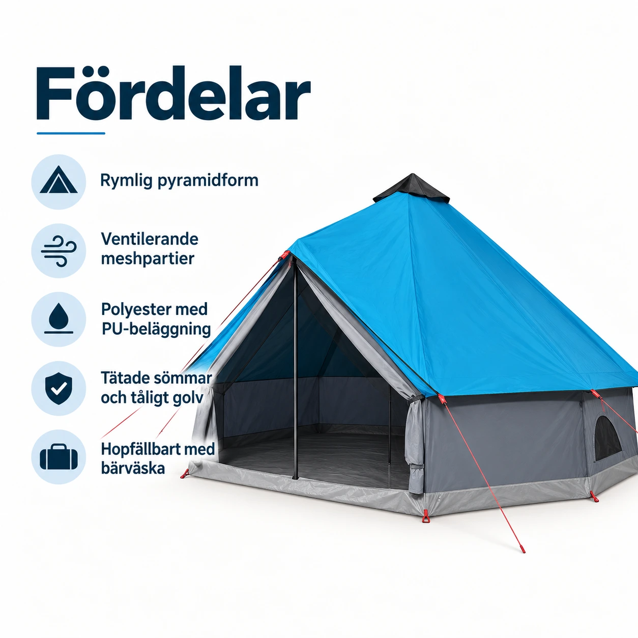 Familjetält pyramid med ventilation, 365 x 365 x 250 cm