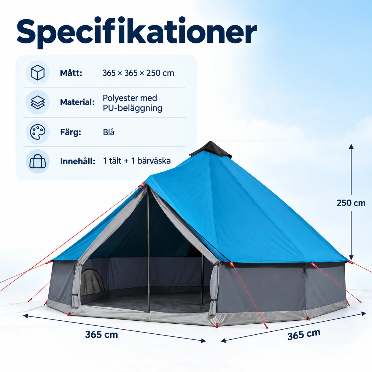 Familjetält pyramid med ventilation, 365 x 365 x 250 cm
