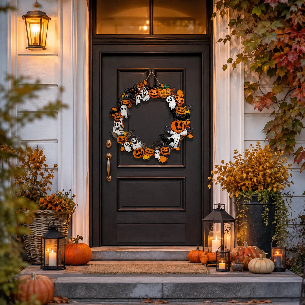 Halloweenkrans för dörr och vägg med pumpor och spöken