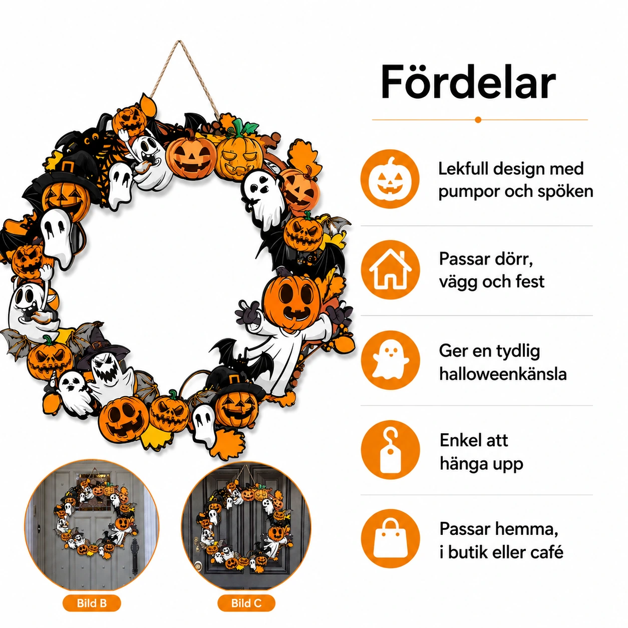 Halloweenkrans för dörr och vägg med pumpor och spöken