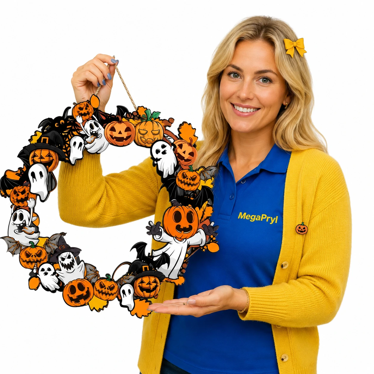 Halloweenkrans för dörr och vägg med pumpor och spöken
