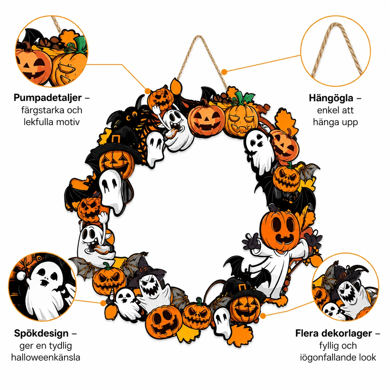 Halloweenkrans för dörr och vägg med pumpor och spöken