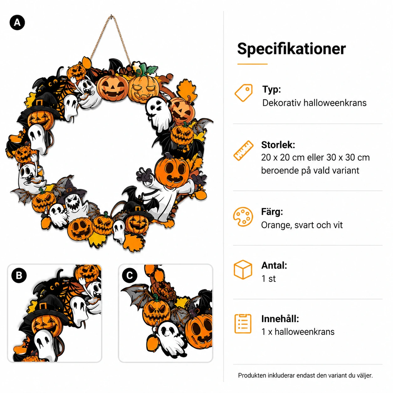 Halloweenkrans för dörr och vägg med pumpor och spöken