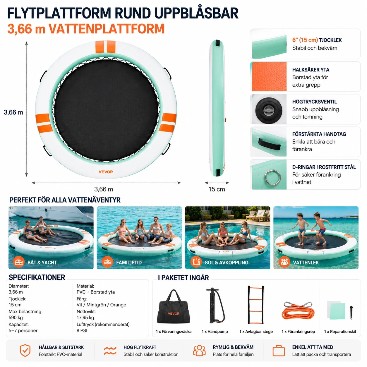 Flytplattform Rund Uppblåsbar – 3,66 m Vattenplattform