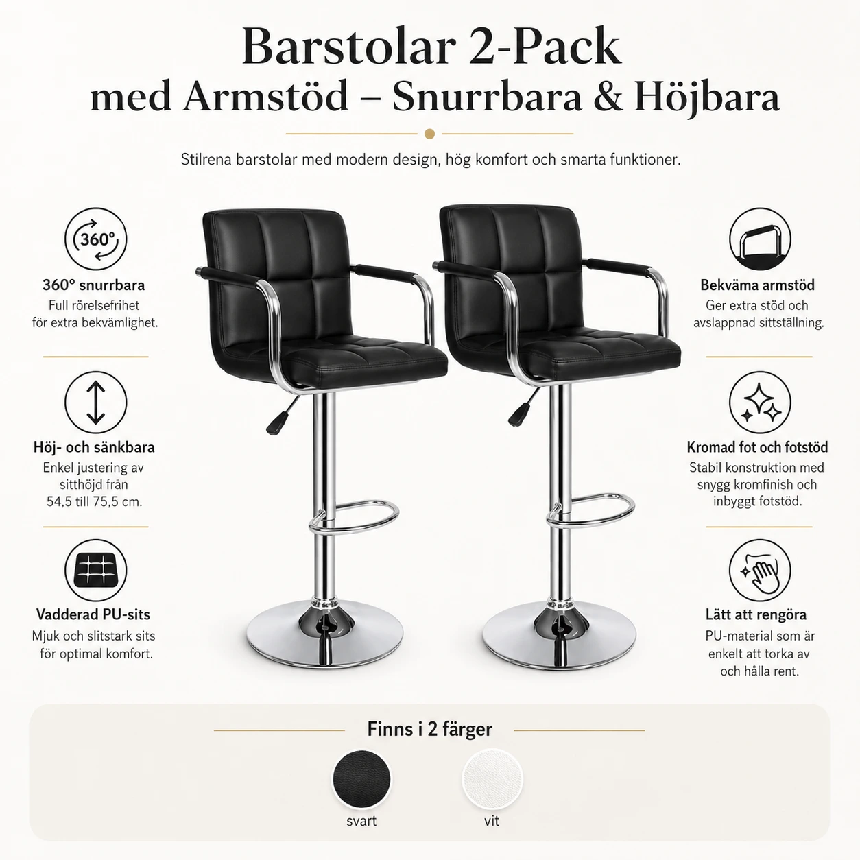 Barstolar 2-Pack med Armstöd – Snurrbara & Höjbara