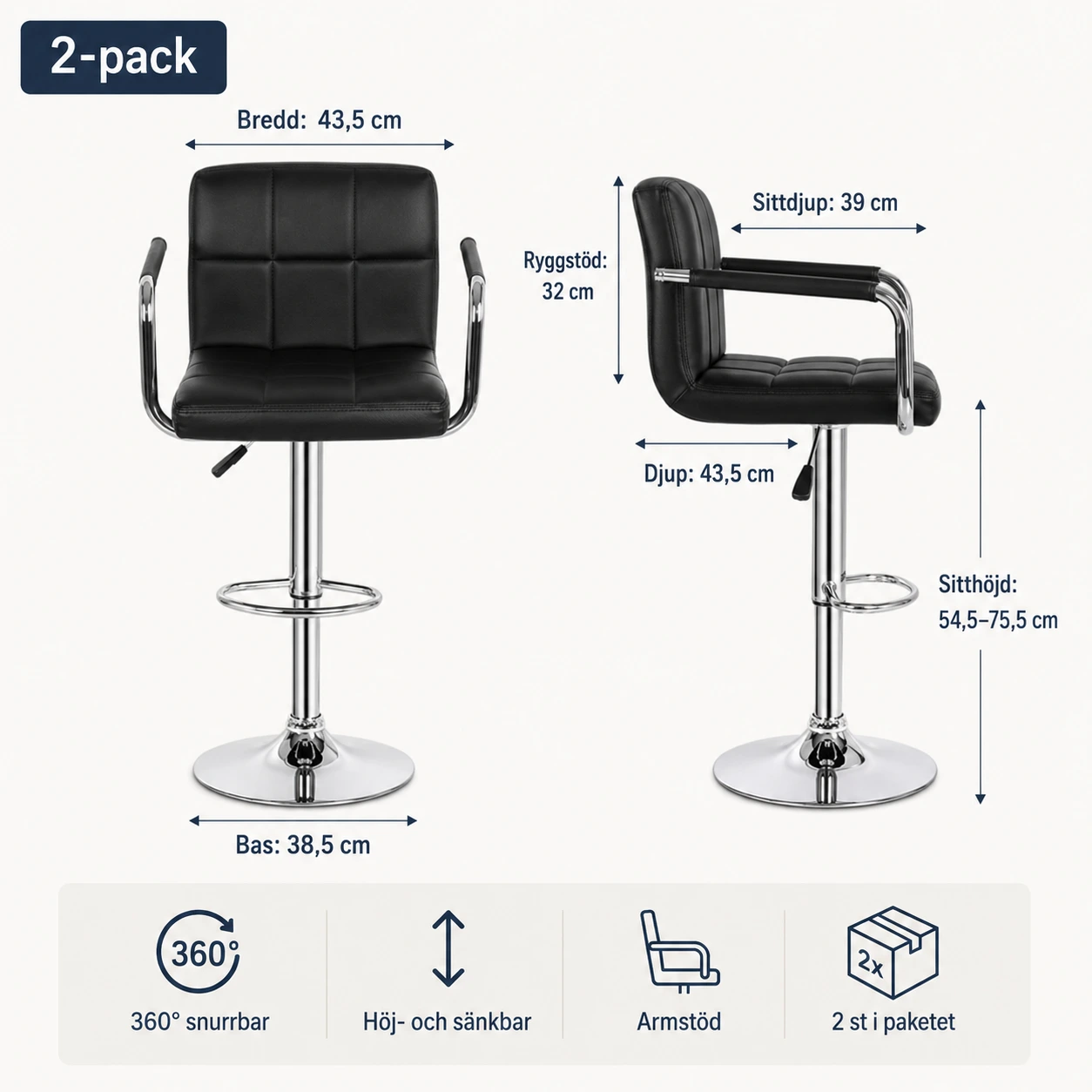 Barstolar 2-Pack med Armstöd – Snurrbara & Höjbara