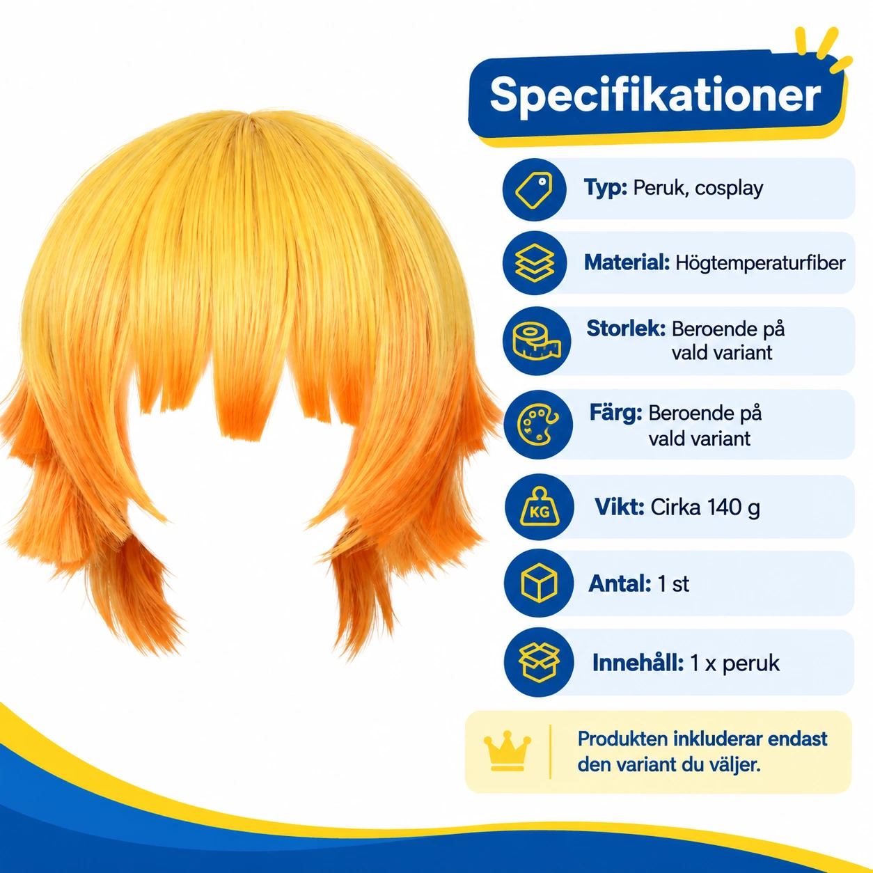 Gul och Orange Gradient Anime Cosplay Peruk