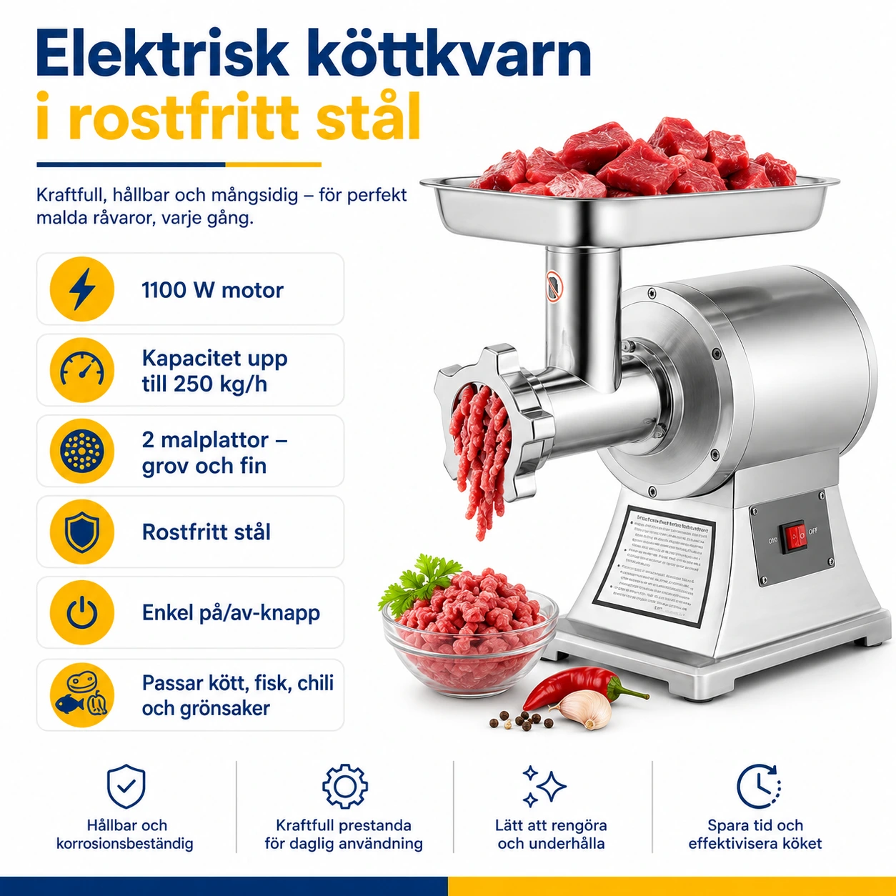 Sähköinen lihamylly ruostumattomasta teräksestä kotiin ja ravintolaan