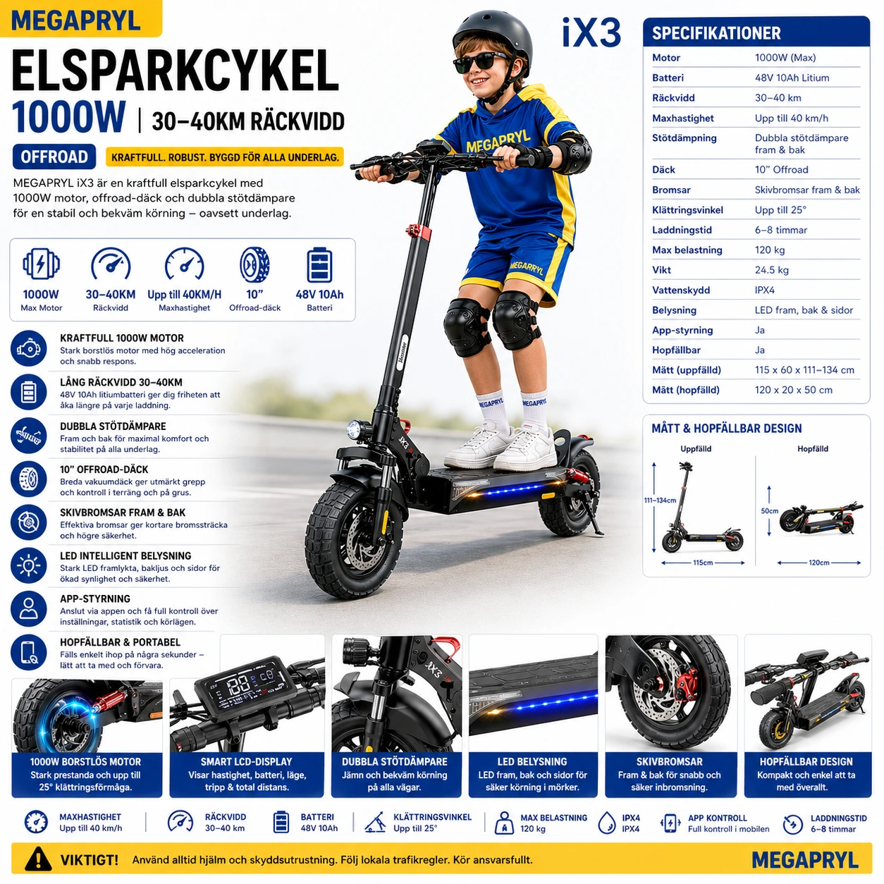 Elsparkcykel Premium 1000W – 48V 10Ah Batteri