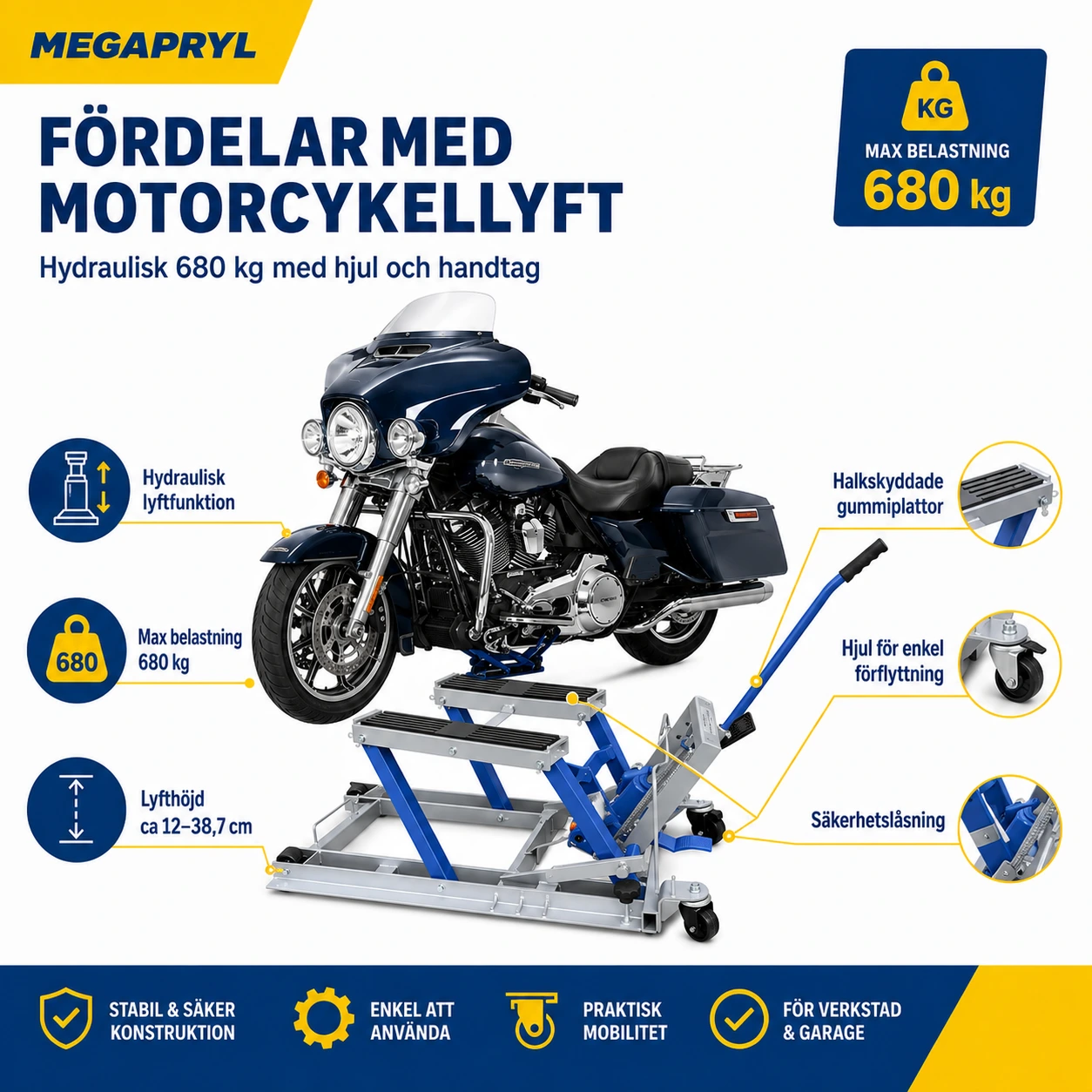 Motorcykellyft Hydraulisk 680 kg med Hjul och Handtag