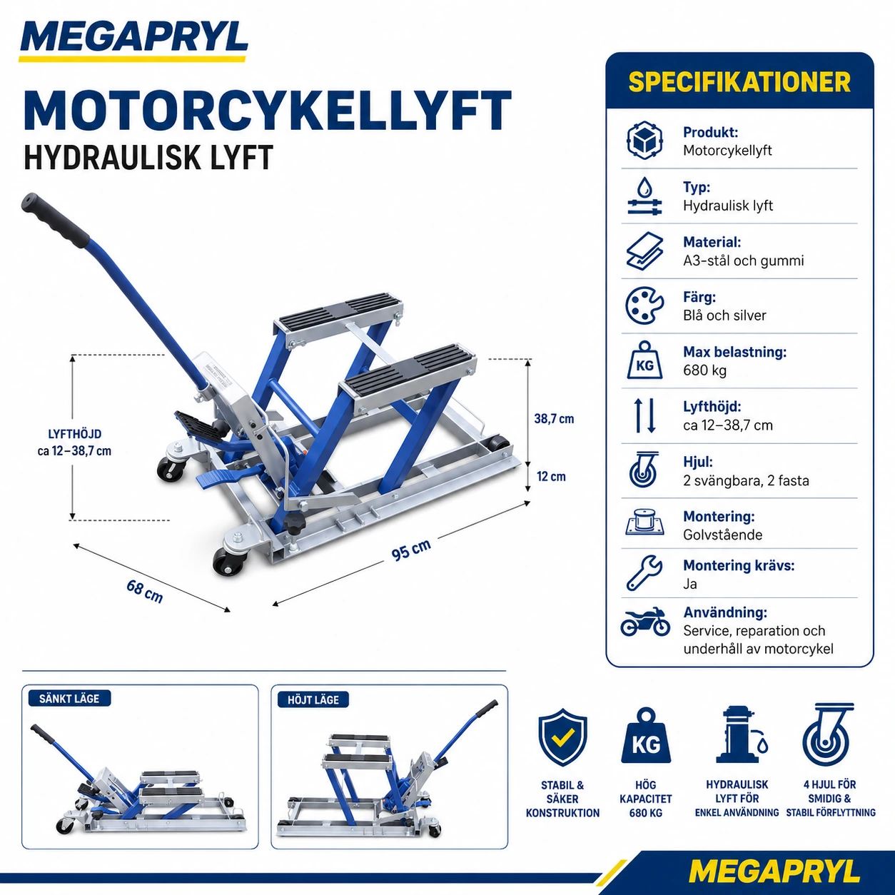 Motorcykellyft Hydraulisk 680 kg med Hjul och Handtag